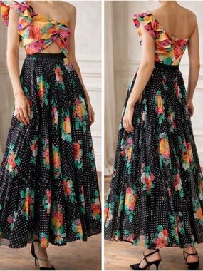 AMUR Cleopatra One Shoulder Pleated Black Floral Polka Dot Cutout Maxi Dress